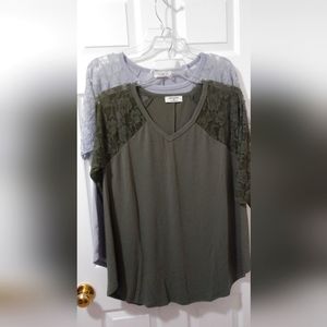 Two Zenana Army green&light blue Women's tops blouses 1/2 sleeves w/lace. 2X.